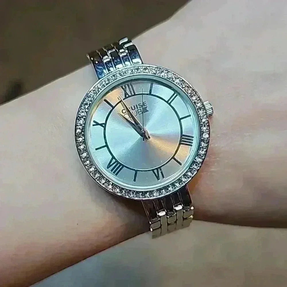 Cruise Club Silver Toned and White Gem Bezel Link Bracelet Watch